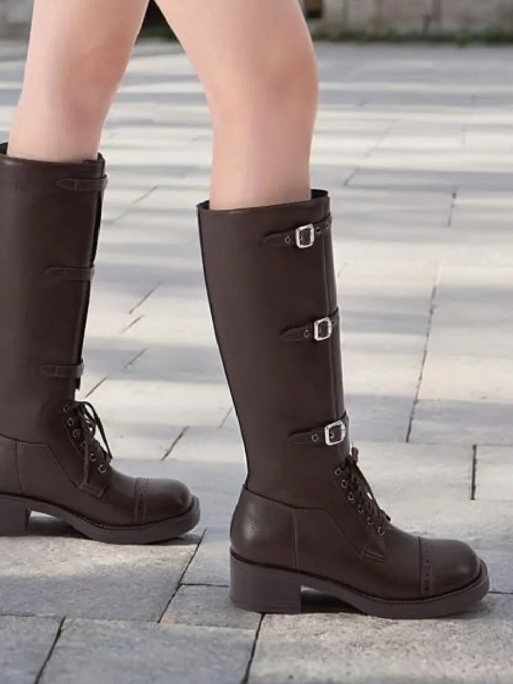 Athlefit Size 8 Riding Boots Brown Wide Calf Lace-Up Square Toe Buckles